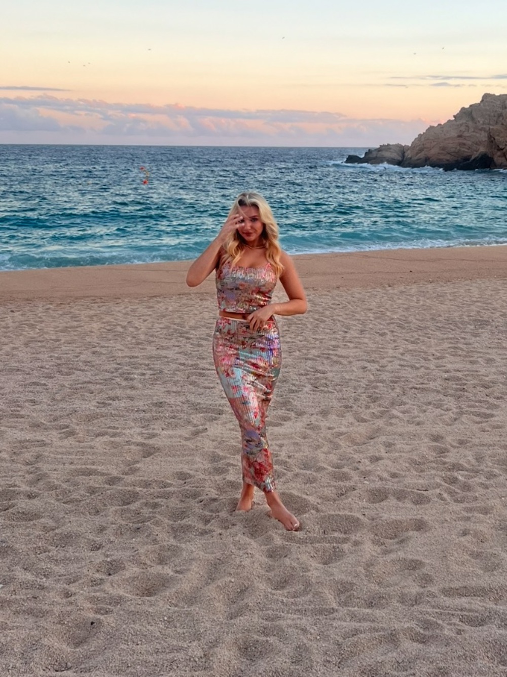 Floral Sequin Two-Piece Crop Top & Skirt Set - Multicolor